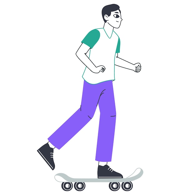 Uomo che cavalca skateboard trasporto ecologico personaggio maschile corsa skateboard flat vettore illustrazione pilota di trasporto ecologico moderno