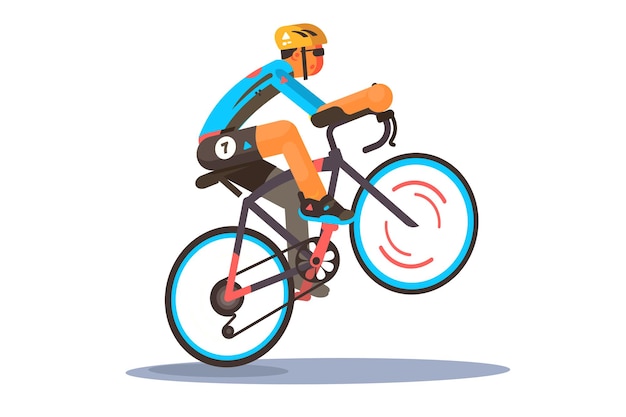 Man riding sport bike  illustration. Cyclist in sportswear and helmet doing bike trick wheelie