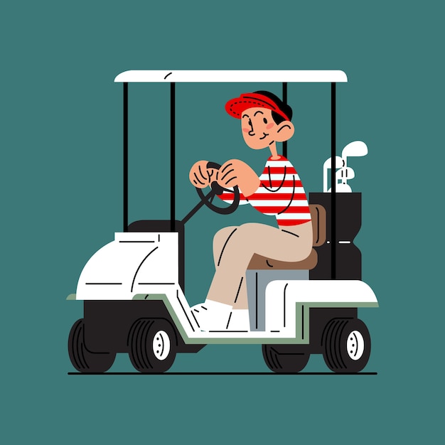 Man rijden golfkar platte vectorillustratie