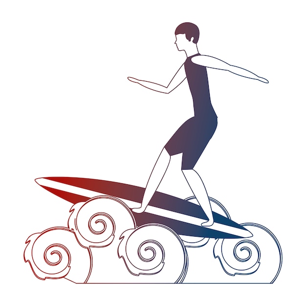 Man rijden surfplank in oceaan golven vector illustratie neon