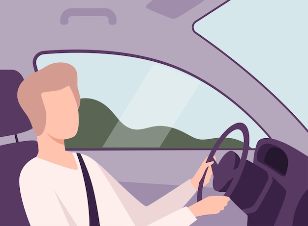 Man rijdt een auto Mannelijke chauffeur Karakter houdt handen op een stuurwiel Uitzicht van de binnenkant Vector illustratie