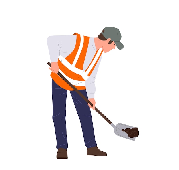 Man road worker cartoon character wearing uniform digging with shovel isolated on white background