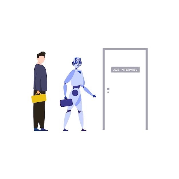 Un uomo e un robot sono in piedi davanti a una porta che dice job gateway.