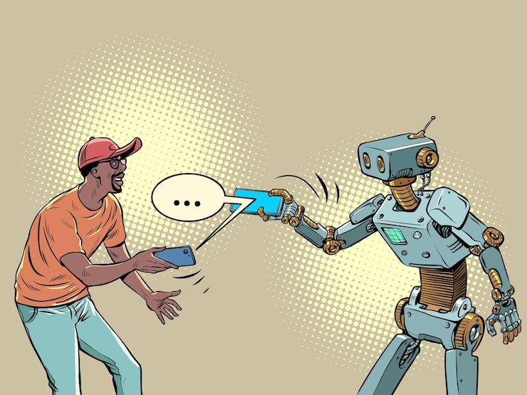 Vector man and robot communicate in a messenger on the phone