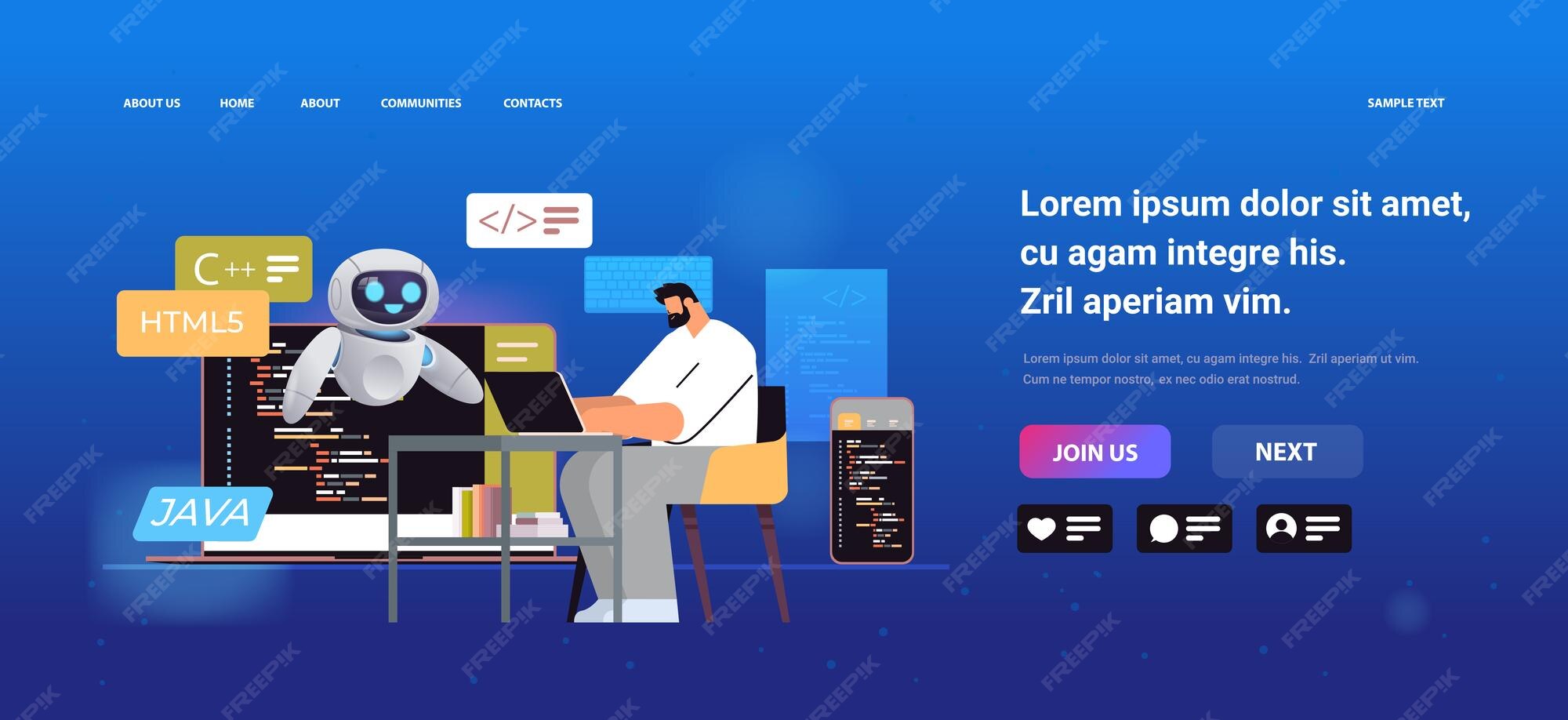 Premium Vector | Man and robot web developers creating program code on ...
