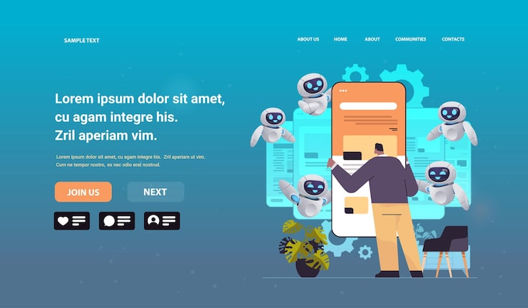 Vector 人類和機械人網頁開發者在智能手機螢幕上創造程式碼 軟件和程式開發