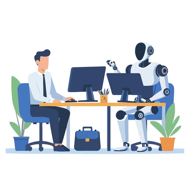 Vector man and robot with computers sitting together in workplace flat design vector illustration