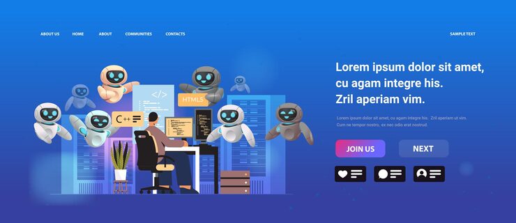 Vector man and robots web developers creating program code on laptop screen development of software and programming artificial intelligence concept full length copy space horizontal vector illustration