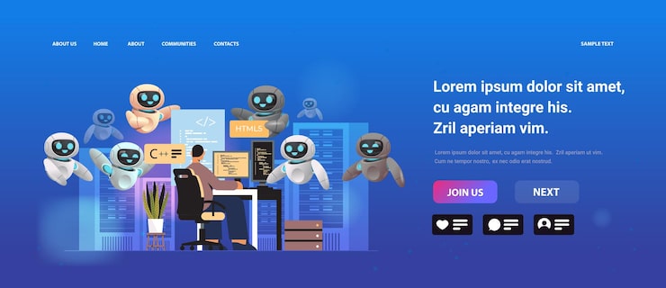 Vector 人與機器人網頁開發者在筆記型電腦螢幕上創造程式碼 軟件開發和編程 人工智能概念全長複製空間水平向量插圖