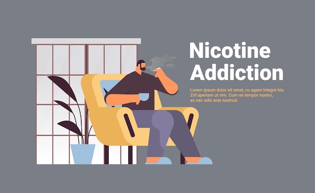 Man roken sigaret slechte gewoonten ongezonde levensstijl nicotine verslaving niet roken concept woonkamer interieur horizontaal volledige lengte kopie ruimte vectorillustratie