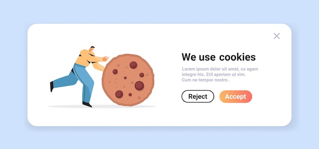 Man rolling cookie-bescherming van persoonlijke informatie internet web pop-up we gebruiken cookies beleid kennisgeving