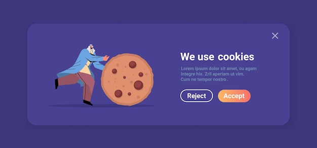 Man rolling cookie protection of personal information internet web pop up we use cookies policy notification concept