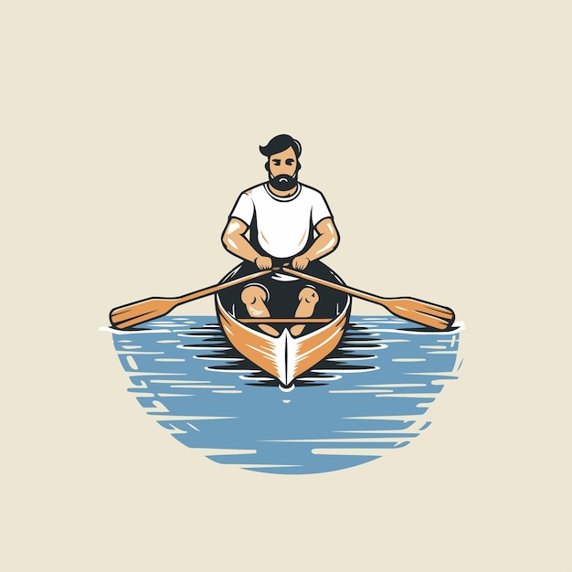 Man rowing on a boat Vector illustration in retro style