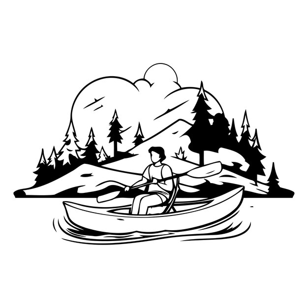 Vector man rowing in a canoe on the lake vector illustration