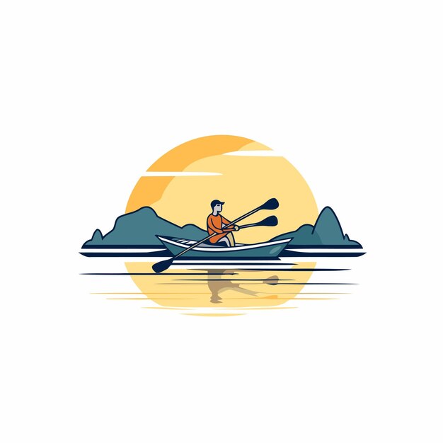 Vector man rowing on a kayak in the river flat vector illustration