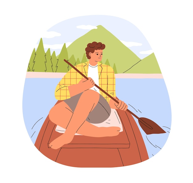 Вектор Мужчина гребет веслом, отдыхает в деревянной лодке в реке. отдых на озере, на природе на летних каникулах. счастливый персонаж плывет в отпуск. плоская векторная иллюстрация на белом фоне