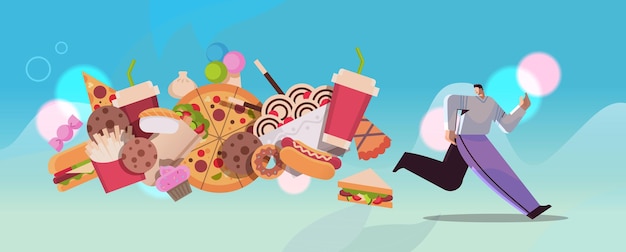 man running away from junk food assortment of fast food unhealthy nutrition junkfood addiction concept horizontal