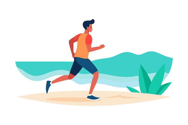 Man Running on Beach with Ocean Background