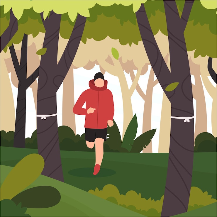 Vector man running competition on deep forest