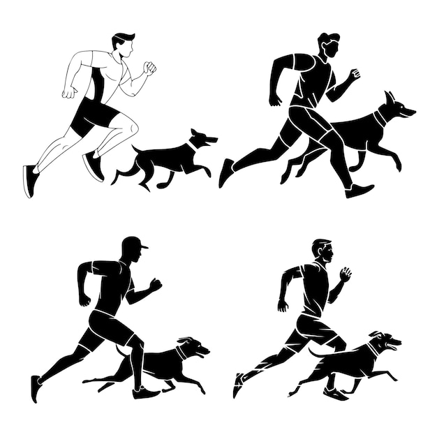 man running man jogging with dog silhouette vector illustration