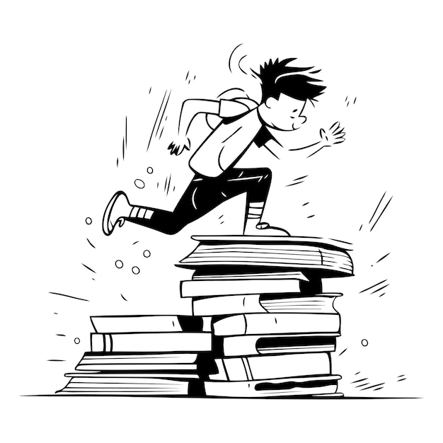 Man running on pile of books in cartoon style