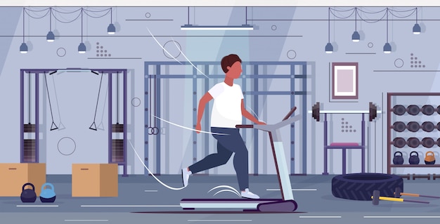Vector man running on treadmill overweight  guy sport activity cardio training workout weight loss concept modern gym interior flat full length horizontal
