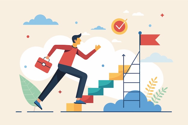 Man Running Up Stairs With Briefcase A man run to their goal on the chart ladder path to achieving the goal Simple and minimalist flat Vector Illustration