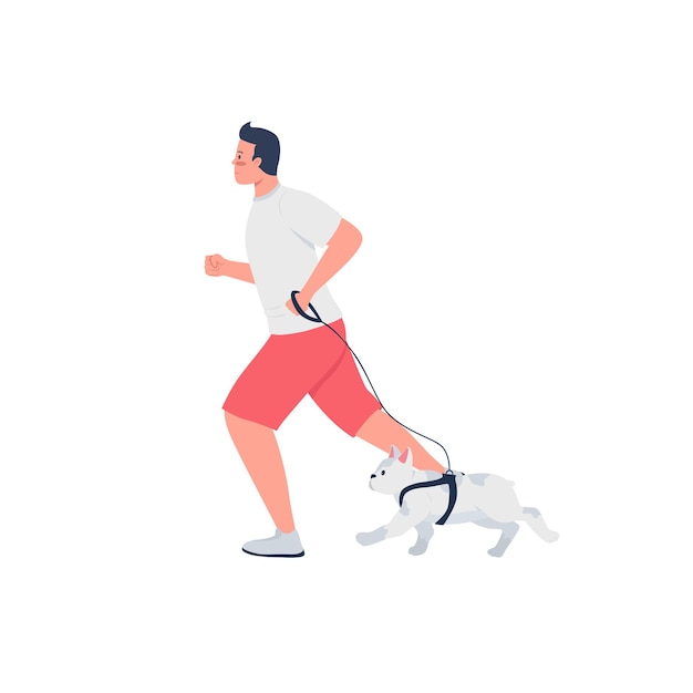 Man running with dog on leash flat detailed character. owner jogging with french bulldog. active lifestyle isolated cartoon