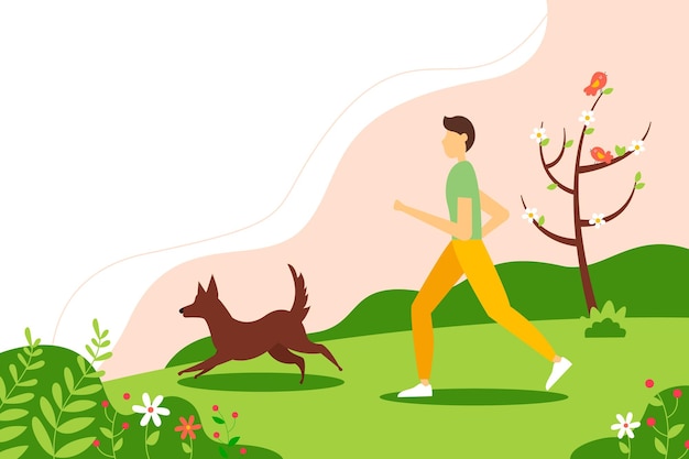 Uomo che corre con il cane nel parco il concetto di uno stile di vita attivo in primavera