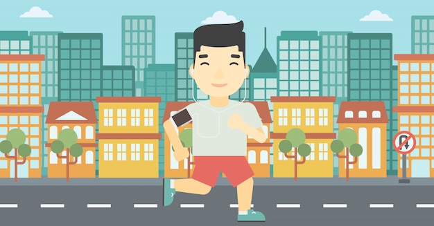 Vector man running with earphones and smartphone.