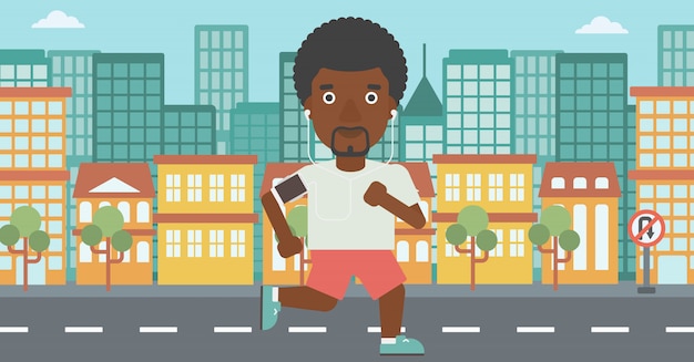 Vector man running with earphones and smartphone.