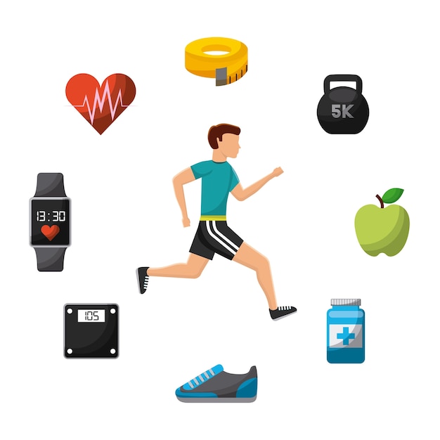 man running with healthy lifestyle related icons around 