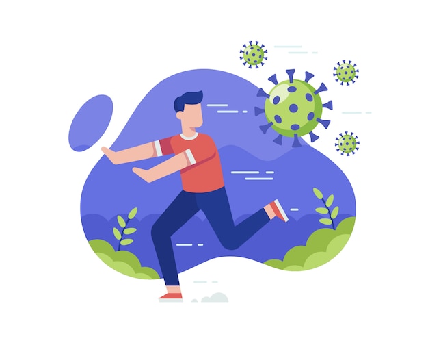 Человек бежит, чтобы избежать клетки коронавируса