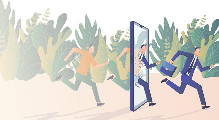 캐주얼 차림으로 스마트폰에 달려드는 남성, 비즈니스 정장 차림으로 뛰쳐나가는 남성 비즈니스 활동