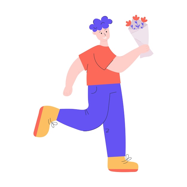 Man runs with bouquet of flowers. Young boy is hurrying on a date. Romantic, boyfriend, greeting