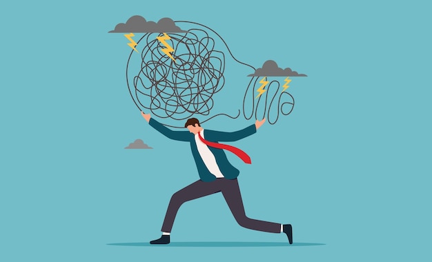 man in rush juggling tangled mess conveys stress and heavy workload