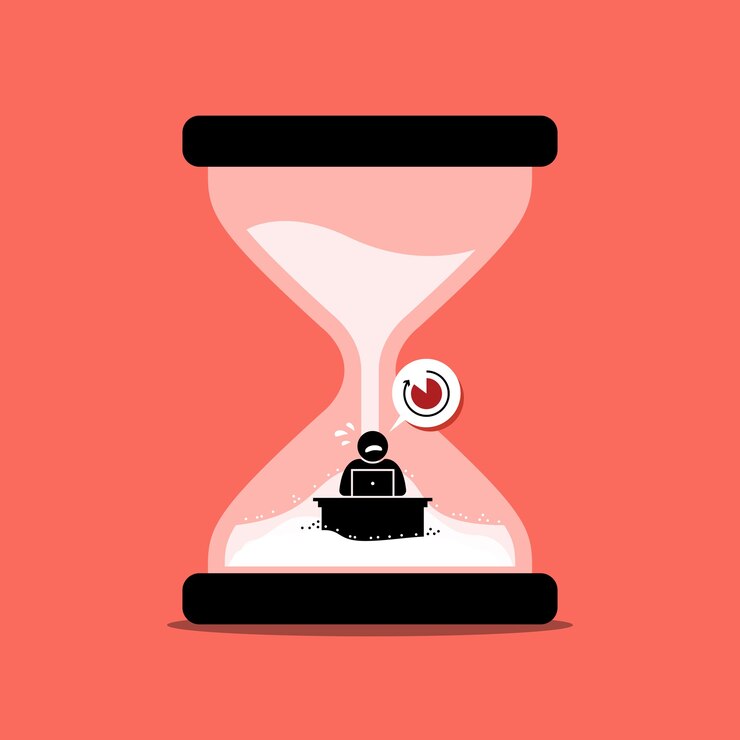 Vector man rushing his office work inside a sand clock or hourglass representing deadline.