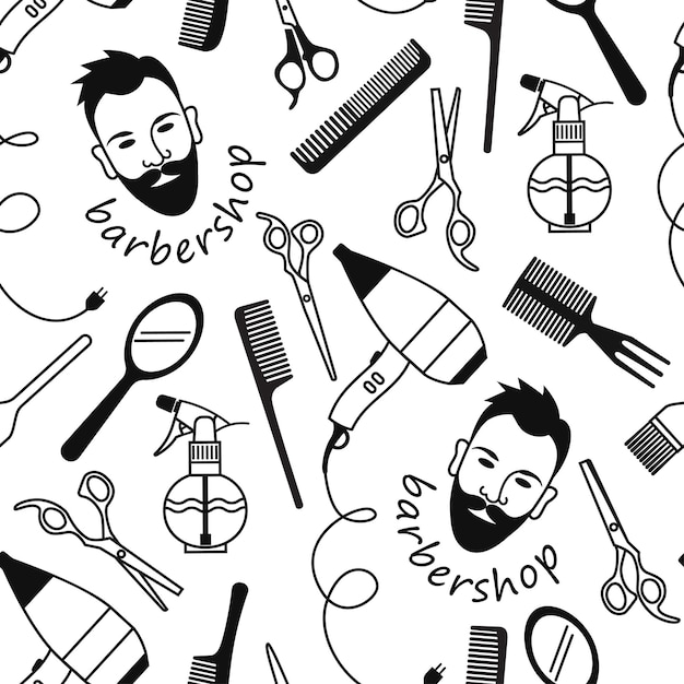 Man's face with a beard and Barber tools make up a seamless pattern