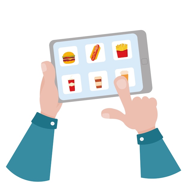 Vector a man's hand holds a tablet and touches the screen with his fingers online food delivery order