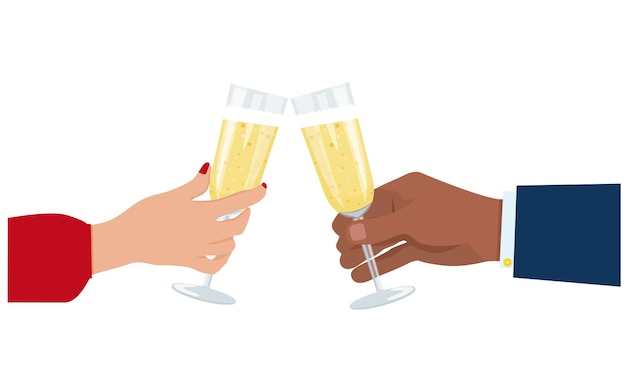 a man's and a woman's hand holds a glass of champagne. people are celebrating and having fun.  vector illustration.