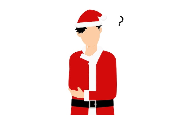 A man in a santa claus costume with his arms folded thinking