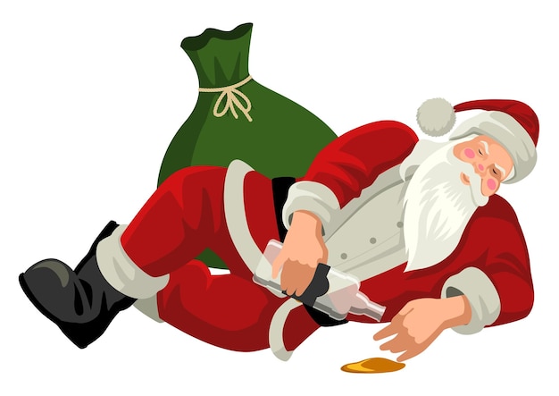 Man in santa claus suit in a drunken state holding an empty alcohol bottle