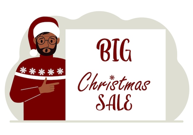Vector a man in a santa hat and an ugly sweater next to a big christmas sale poster christmas market