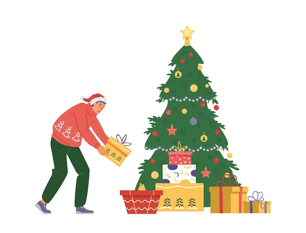 サンタの帽子をかぶった男は、クリスマスツリーの下にギフトボックスを置きます。フラットベクトルイラスト。
