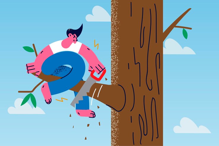 Vector man saw branch he sit on risk fall down lose everything. stupid careless male employee or worker involved in risky business project, experience failure or loss. human stupidity. vector illustration.
