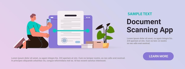 man scannen document in mobiele app tekstherkenning concept horizontale kopie ruimte vectorillustratie