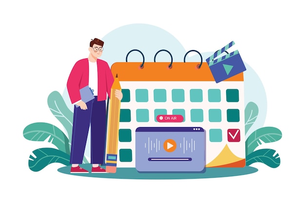 man scheduling a podcast release date illustration concept flat illustration isolated on white background