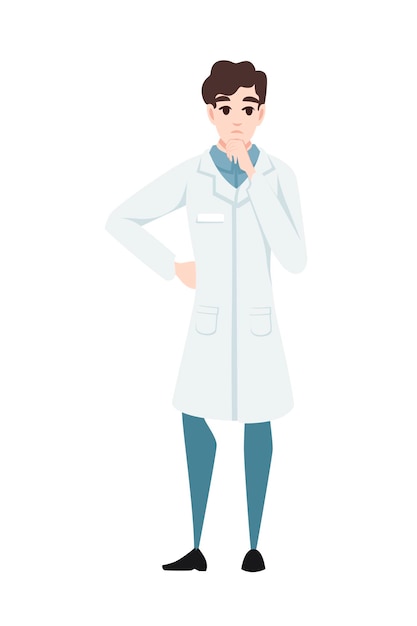 白い背景の上の白いコートの漫画のキャラクターデザインフラットベクトルイラストの男の科学者。