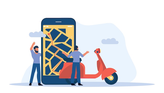 Vettore un uomo su uno scooter usa un navigatore sul suo smartphone per arrivare alla sua illustrazione vettoriale di destinazione