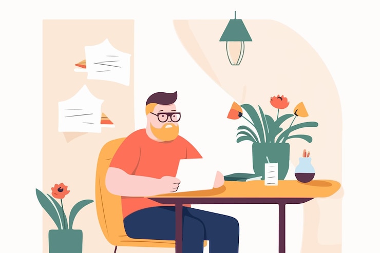Vector man seated at home table examining correspondence bespectacled male reviews messages or text in postal mail post notifications vector image